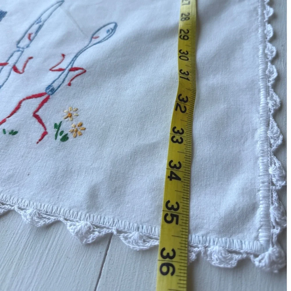 Vintage Embroidered Table Runner White Linen Anthropomorphic Tea Party 36x16